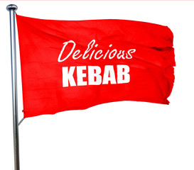 Delicious kebab sign, 3D rendering, a red waving flag