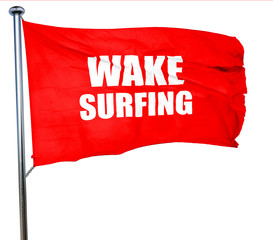 wake surfing sign background, 3D rendering, a red waving flag