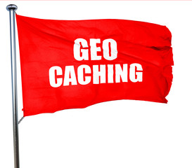 geocaching sign background, 3D rendering, a red waving flag
