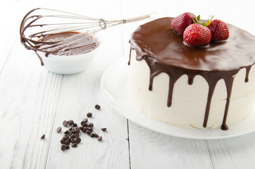 The process of making chocolate Cake filled with glaze. Birds milk.