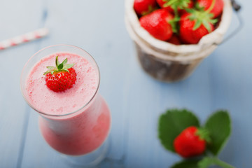 Delicious strawberry smoothie with milk, prepared with fresh str
