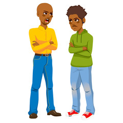 African American angry father having a quarrel arguing with rebel teen son wearing piercings
