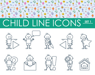 Child line icons. Outline web icon set. Happy boy cartoon doodle collection. set 1