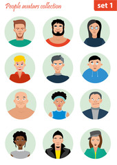 People avatar collection. Different nationalities, clothes and hair styles. Cute and simple flat cartoon style.