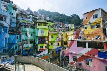 Colorful painted buildings of the Favela Santa Marta Community in Rio de Janeiro Brazil
