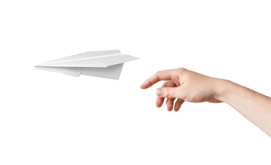 Rolgordijnen zonder boren Hand is throwing origami paper airplane. Isolated on white background. © vchalup