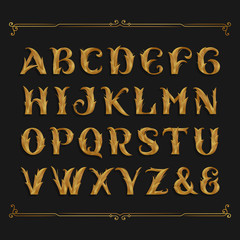 Decorative ornate alphabet vector font. Golden leaf letters. Vector font for labels, headlines, posters, monograms etc.