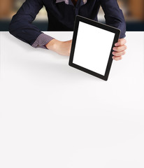 hands holding and pointing on contemporary tablet