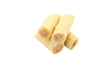 Waffle tubes with whipped cream on white background..