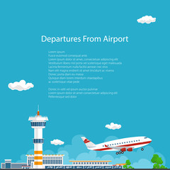 Airplane Takes Off from the Airport , Airport Background, Control Tower and Airplane , Travel and Tourism Concept , Air Travel and Transportation, Vector Illustration