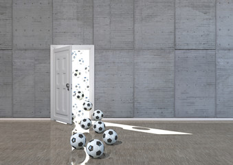 Fototapety  Początek gry - pokój z otwartymi drzwiami i wlatującymi piłkami
