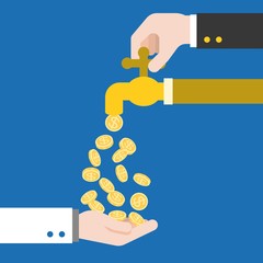 Hand open faucet, Money flowing from faucet, Hand carrying coins falling out from faucet, Business and Passive income vector illustration concept, flat design vector