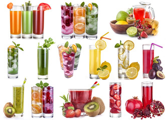 collage of different kinds of fruit and vegetable juices and ice drinks