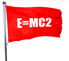 e = mc2, 3D rendering, a red waving flag