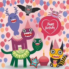 happy birthday Funny monsters party card design. vector
