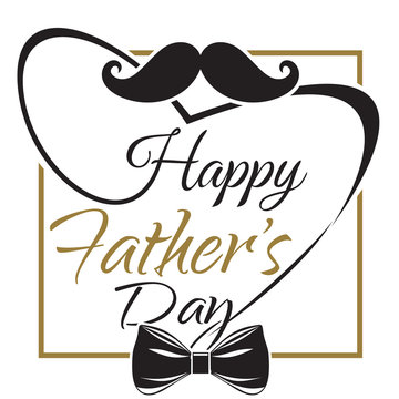 Happy Father's Day. Typographic design. Vector black and gold lettering card  with a mustache and bow tie. Vector illustration