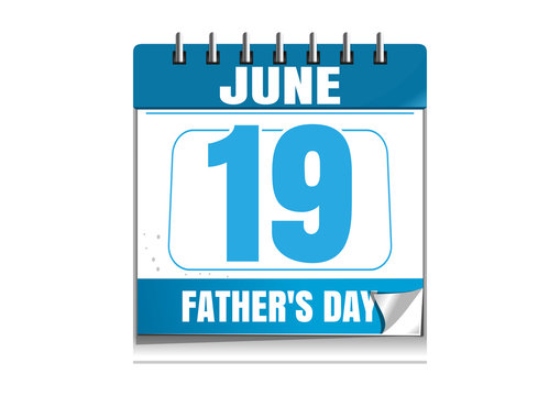 Fathers Day date. Blue wall calendar. Fathers Day date in the calendar. 19 June. Wall calendar isolated on white background