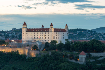 Fototapeta na wymiar Bratislava, Slovakia - Castle, sunset view from observation deck of the Bridge