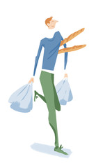 Illustration of a cheerful man carrying baguettes and shopping bags