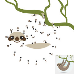 numbers game. dot game Three-toed sloth on green branch on white background. vector