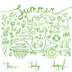 summer, set of green icons and symbols with motorbike, inscription, vector illustration