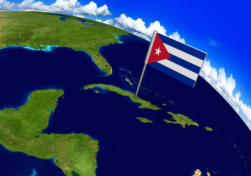Flag marker over country of Cuba on world map 3D rendering, parts of this image furnished by NASA
