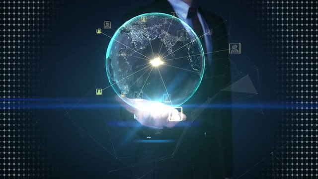 Businessman open palms, Rotating earth, expanding social network service, media on palms.