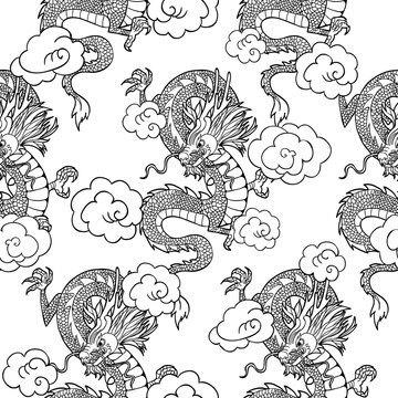  chinese Dragon and clouds . Vector seamless pattern
