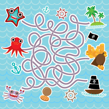 sea animals, boats pirates. cute sea objects collection labyrinth game for Preschool Children. vector