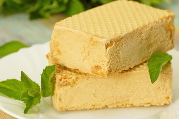 Waffle sandwich with caramel ice cream