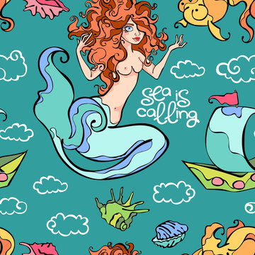 Sea is calling. Mermaid. Seashells, ship, goldfish, waves and clouds. Seamless vector pattern (background).