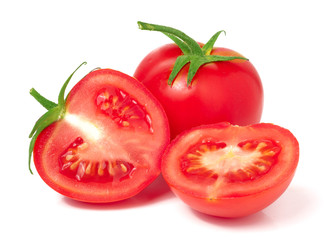 tomato and two halves isolated on white background