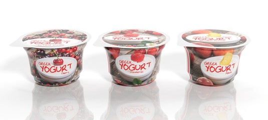 3D rendering of  three fruit Yogurt plastic cups packaging, isolated on white background.