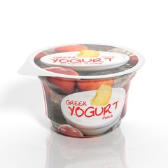3D rendering of Peach Yogurt plastic cup packaging, isolated on white background.