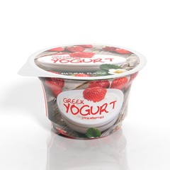 3D rendering of Strawberry Yogurt plastic cup packaging, isolated on white background.