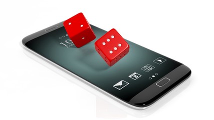 3D rendering of  two red dices on smartphone's screen, isolated on white.