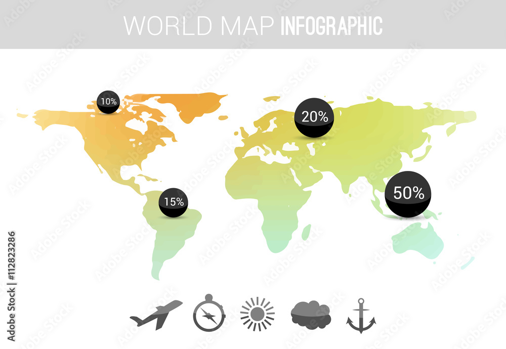 Poster vector 3d world map with points and percantage. globe travel world map infographic concept
