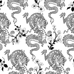  chinese Dragon and sakura . Vector seamless pattern