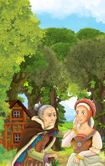 Cartoon scene of older woman talking to young woman - medieval times - illustration for children