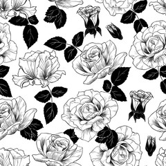 Panele Szklane  Czarno-biały wzór bezszwowe róże