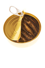 Open can of sprats on a isolated background