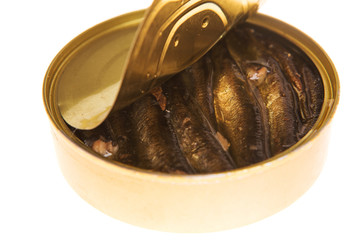 Open can of sprats on a isolated background