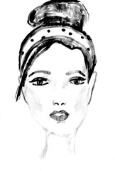 Young beautiful woman, ink drawing. Fashion illustration. Ink sketch on white background