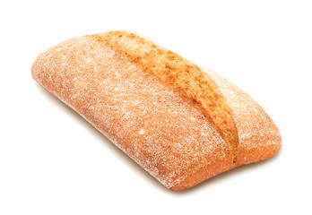 Freshly baked loaf of traditional italian bread ciabatta isolated on white background. Design element for bakery product label, catalog print, web use.