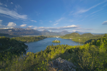 Fototapeta na wymiar Panoramic view of Lake Bled from Ojstrica Hill, Slovenia