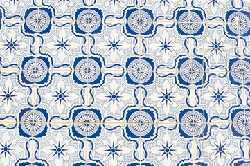 Closeup on traditional old tiles, detail of classic ceramic Portugal mosaic