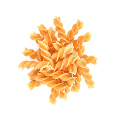 Heap of fusilli - traditional italian pasta isolated on white background. Design element for bakery product label, catalog print, web use. Top view.