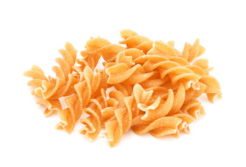 Heap of fusilli - traditional italian pasta isolated on white background. Design element for bakery product label, catalog print, web use.