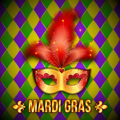 Gold and red vector carnival mask on colorful grid background