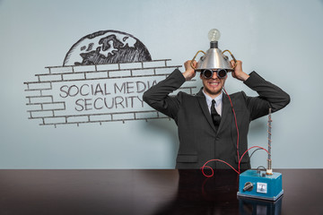Social media security text with vintage businessman